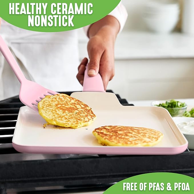 GreenLife Soft Grip Healthy Ceramic Nonstick, 11" Griddle Pan, PFAS-Free, Dishwasher Safe, Soft Pink