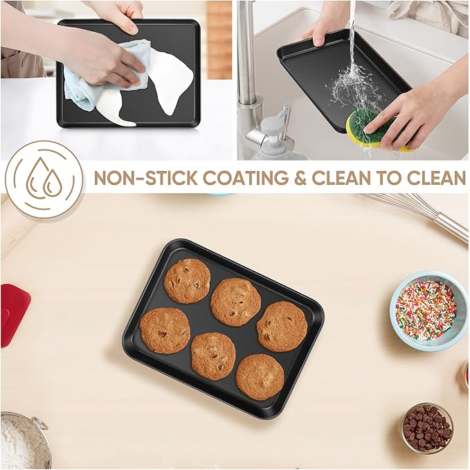 E-far Baking Sheet Set of 2, 9" x 7" x 1" Small Cookie Sheet Pan for Baking, Nonstick Carbon Steel Baking Trays for Toaster Oven, Heat-Resistant & Easy Clean, Black