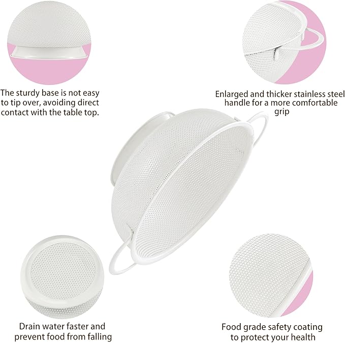 Stainless Steel Colander 3 Piece,Metal Strainer Basket with Solid Base and Handles for Kitchen Food,Pasta, Noodles, Vegetables and Fruits,Powder Coated,BPA Free,Dishwasher Safe,2 & 3 & 4.5 Qt (Cream)