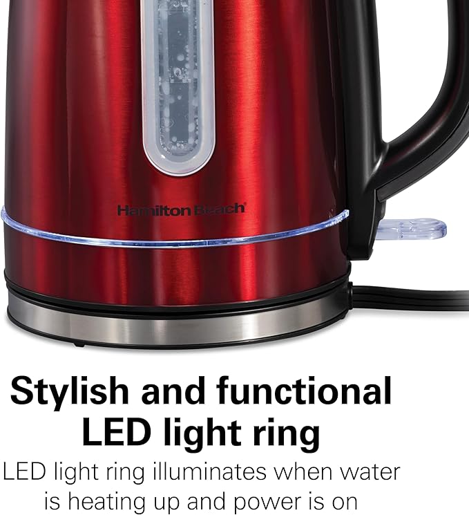Hamilton Beach Electric Tea Kettle, Water Boiler & Heater, 1.7 Liter, Cordless Serving, 1500 Watts for Fast Boiling, Auto-Shutoff and Boil-Dry Protection, Red with LED Light Ring (41060)