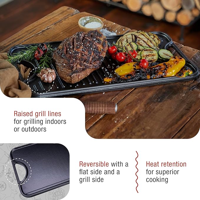 Victoria Rectangular Cast Iron Griddle. Double Burner Griddle, Reversible Griddle Grill, 18.5 x 10 Inch, Seasoned with 100% Kosher Certified Non-GMO Flaxseed Oil