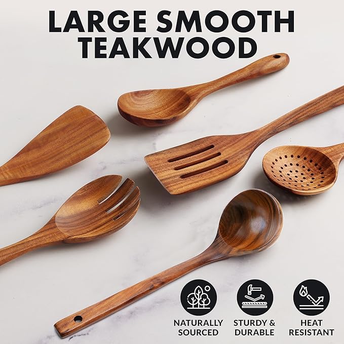 Zulay Kitchen Extra-Large 6-Piece Wooden Spoon Set - Smooth Teak Cooking Utensils - Comfort-Grip Non-Stick Turner, Spatula, Skimmer, Fork, Serving Spoon