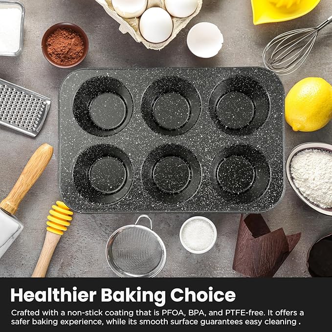Non-Stick Popover Pans - 6-Cavity High Carbon Steel Tray Mold for Baking, Stainless Steel Jumbo Size for Premium Muffins, Homemade Cupcakes, Breads - Professional Bakery Kitchen Oven (Black)