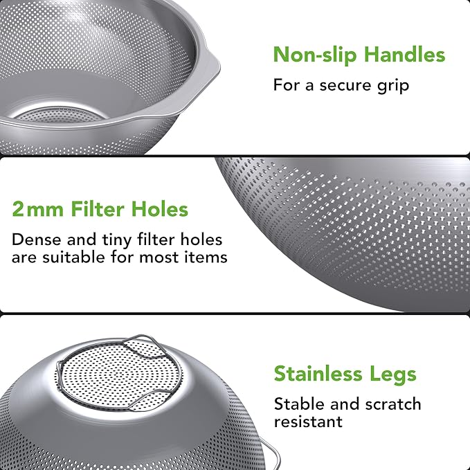 304 Stainless Steel Colander and Strainer, 5QT Large Capacity and 6QT Mixing Bowl, Micropore for Washing Rice, Fruit, and Cooked Pasta, Perfect Draining for Grain and Bean