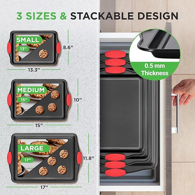 NutriChef 3-Piece Nonstick Kitchen Oven Baking Pans - Premium & Stylish Non-Stick Steel, Commercial Grade Restaurant Quality Metal Bakeware with Red Silicone Handles - Easy to Clean, NCSBS3S