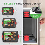 NutriChef 3-Piece Nonstick Kitchen Oven Baking Pans - Premium & Stylish Non-Stick Steel, Commercial Grade Restaurant Quality Metal Bakeware with Red Silicone Handles - Easy to Clean, NCSBS3S