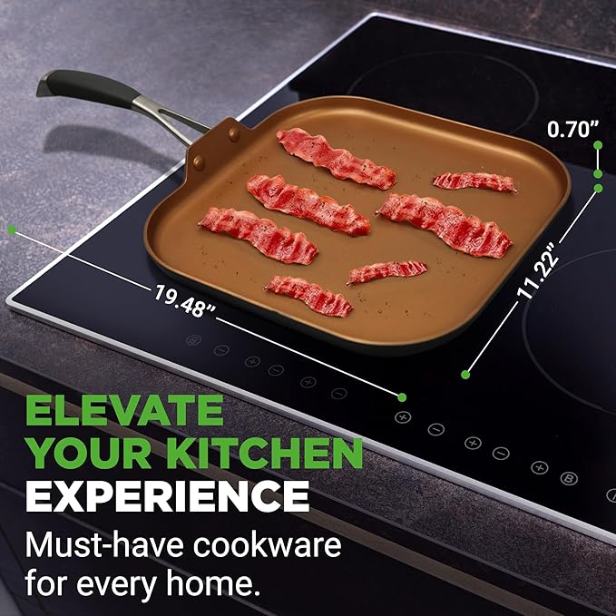 NutriChef Copper Pan Non-Stick Coating Inside, Hard-Anodized Look Heat Resistant Lacquer Outside, Silicone Handle NCSQPA, 1 Griddle