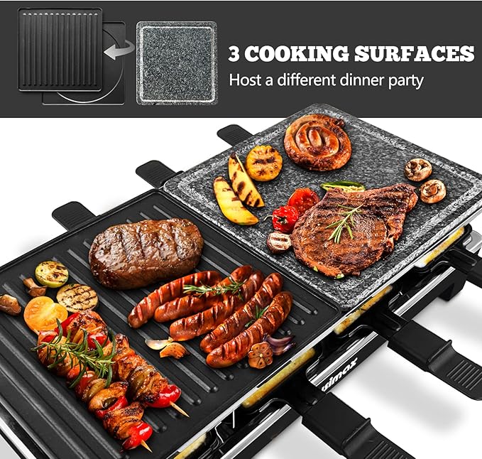 Raclette Table Grill, CUSIMAX Indoor Grill Electric Grill, Portable Korean BBQ Grill with 2 in 1 Reversible Non-stick Plate & Natural Grill Stone, 8 Raclette Pans 8 Wooden Spatulas for Family Fun