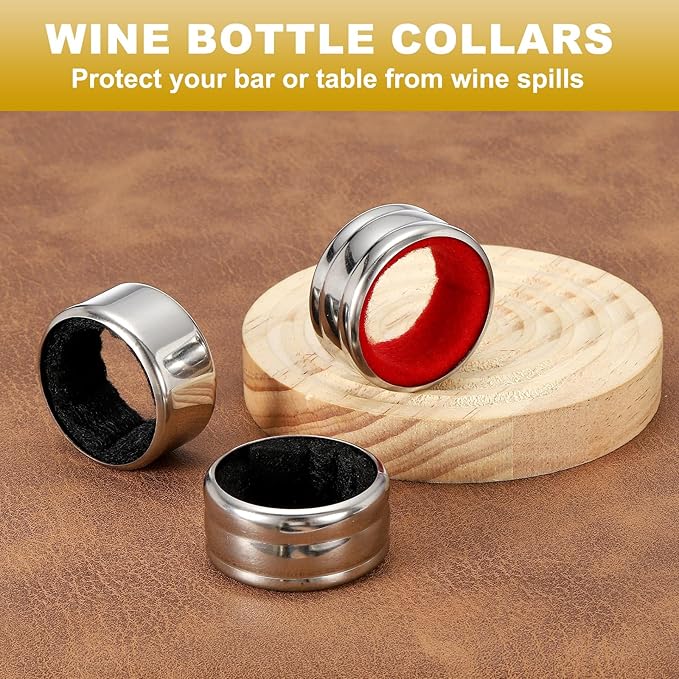 PATIKIL 5 Pcs Wine Bottle Collars, Stainless Steel & Velvet Felt Bottle Drip Ring Anti-overflow Wine Drip Catcher Accessories for Kitchen Bar Party Beverage, Black (Regular)