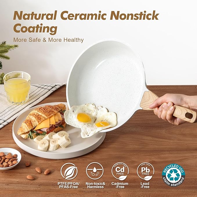 SENSARTE Nonstick Frying Pan Skillets, White Ceramic Coating Omelette Pans, Healthy Cookware Chef's Pan, Free of PTFE & PFAS (8+10 Inch)