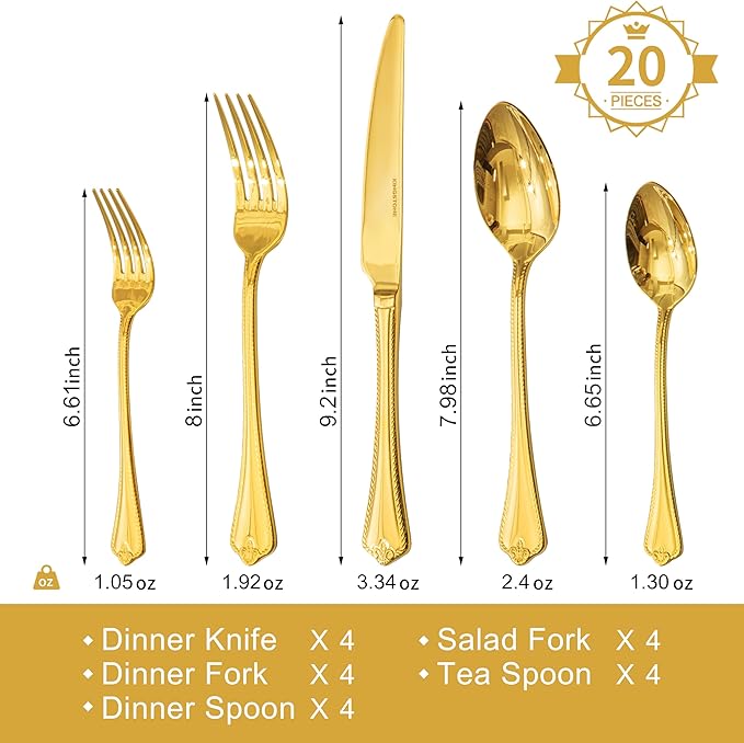 KINGSTONE Gold Silverware Set, 20-piece 18/10 Stainless Steel Flatware Set Cutlery Set for 4, for Kitchen, Home, Wedding, Party, Mirror Polished and Dishwasher Safe, Featured Gifts