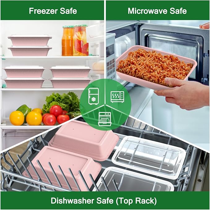 50 Pack (100-Piece) 32 oz Meal Prep Containers Reusable with Easy Open Lids, Sturdy Leakproof Food Safe, Microwave Freezer Dishwasher Safe, To Go Take Out Plastic Food Storage Pans with Lids, Pink