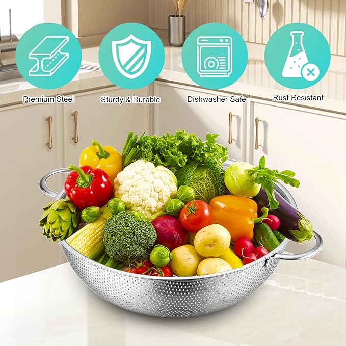 Stainless Steel Colander, 3-Quart Micro-Perforated Metal Colander Strainer with Handle for Kitchen/Draining Pasta/Rinsing Vegetables Fruits,Dishwasher Safe - 8.8 Inches