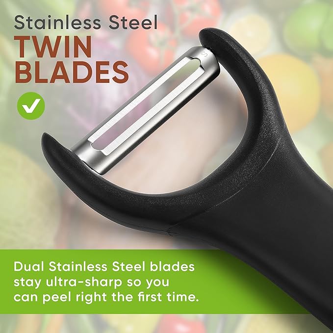 Spring Chef Stainless Steel Vegetable Y Peeler for Kitchen, Dishwasher Safe Potato Peelers with Ultra Sharp Blades & Soft Grip Handle, Perfect for Apple, Carrot, Cucumber, Veggie - Set of 2 - Black