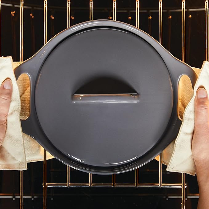 Rachael Ray Solid Glazed Ceramics Casserole Bakeware/Baker Set with Shared Lid, 3 Piece, Dark Gray
