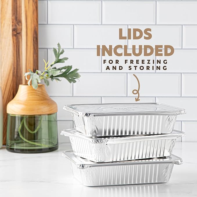 PLASTICPRO 50 Pack Aluminum Pans 6.5'' X 9" Disposable Pans with Covers Heavy Duty 2.25 lb Foil Pans for Baking and Cooking