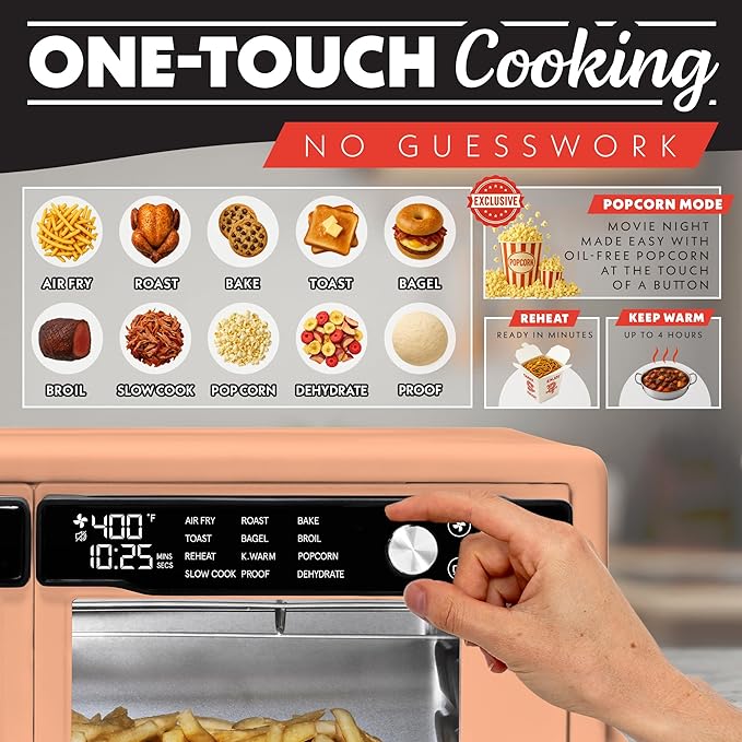 Gourmia French Door Air Fryer Oven - 37 Qt Large Capacity Convection Toaster Oven, FryForce 360°, Digital Display, 12 Cooking Presets, Dehydrate, Fits 13” Pizza, Dishwasher-Safe, Peach