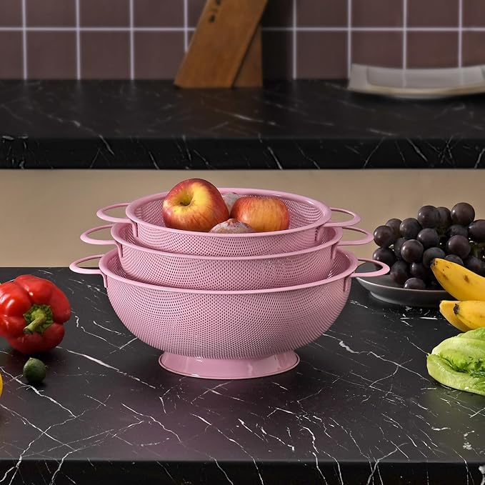 Stainless Steel Colander 3 Piece,Metal Strainer Basket with Solid Base and Handles for Kitchen Food,Pasta, Noodles, Vegetables and Fruits,Powder Coated,BPA Free,Dishwasher Safe,2 & 3 & 4.5 Qt (Pink)