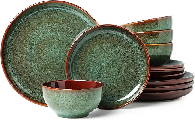 Pokini Stoneware Dinnerware Sets, Ceramic Plates and Bowls Set, Microwave & Dishwasher Safe Kitchen Dishes, Modern Dinner Salad Plates | Cereal Bowls, Dishware Sets Service for 4 Sage Green