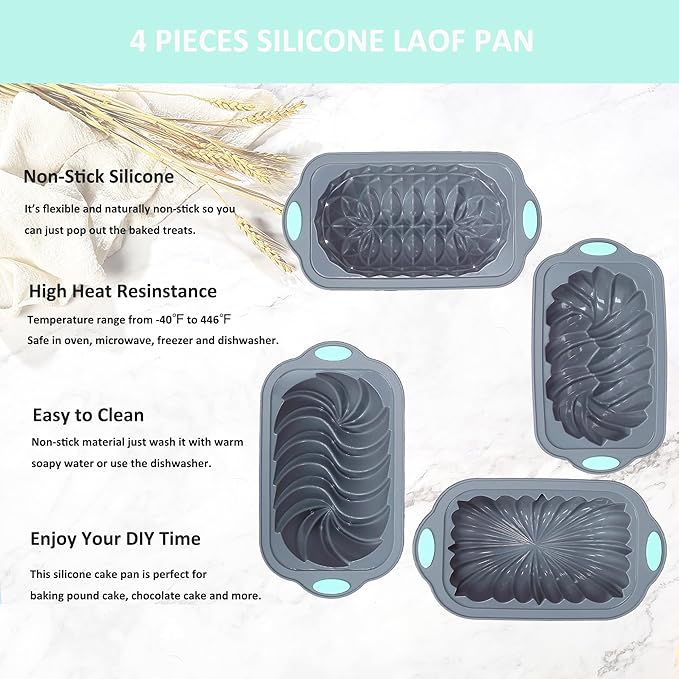 4 Piece Silicone Loaf Pan for Baking Bread, Non-Stick Kitchen Oven Bread Pan, Perfect for Banana Bread, Sandwich Bread, Pound Cake and Meatloaf, 4 Cups, Grey