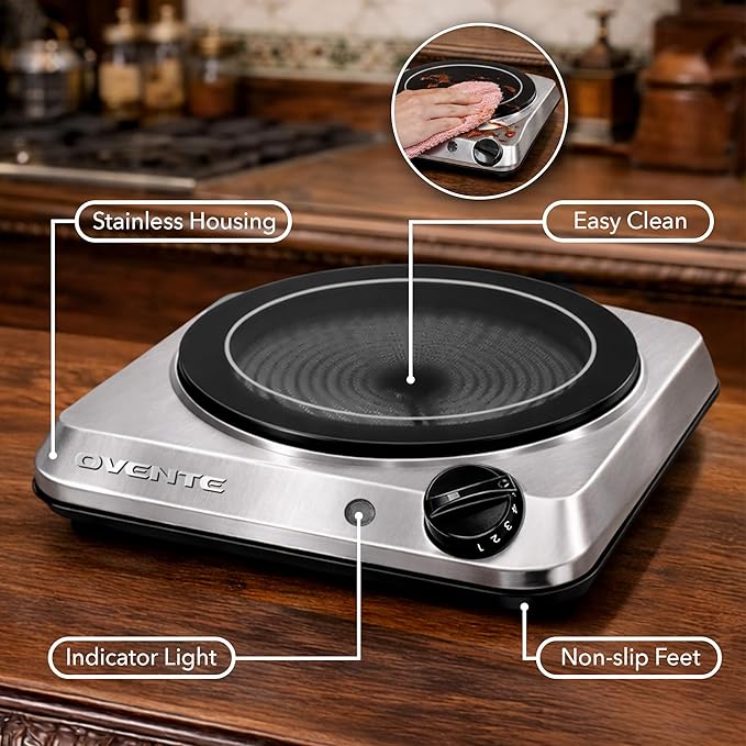 OVENTE Countertop Infrared Single Burner, 1000W Electric Hot Plate with 7” Ceramic Glass Cooktop, 5 Level Temperature Setting & Easy to Clean Base, Compact Stove for Home Dorm Office, Silver BGI101S