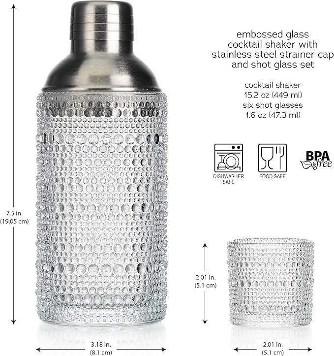 Glaver's Cocktail Shaker Set, Glass 15.2 oz Shaker, 6 Hobnail Shot Glasses, Stainless Steel Strainer Cap,Glass Shaker Set for Bars. Dishwasher Safe