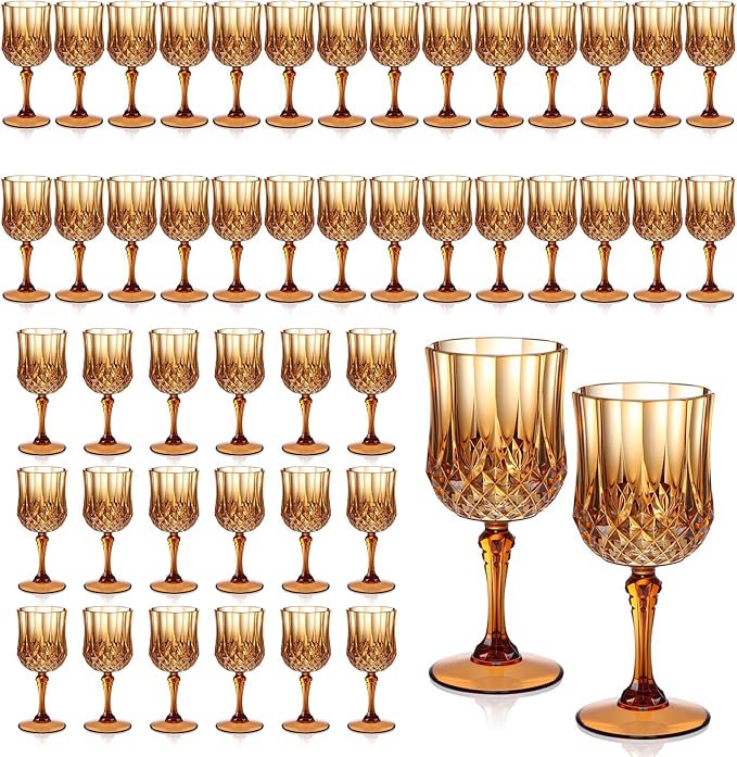 XUWAIDSGN 7oz Plastic Vintage Wine Glasses Drinking Glasses Unbreakable Wedding Glassware Crystal Water Goblets Reusable Drinkware Vintage Champagne Flutes (48, Brown)