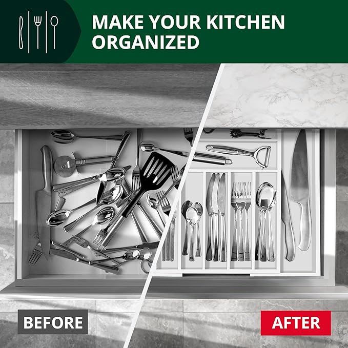 ROYAL CRAFT WOOD Luxury Bamboo Kitchen Drawer Organizer - Silverware Organizer - Utensil Holder and Cutlery Tray with Grooved Drawer Dividers for Flatware and Kitchen Utensils (9 Slot, White)