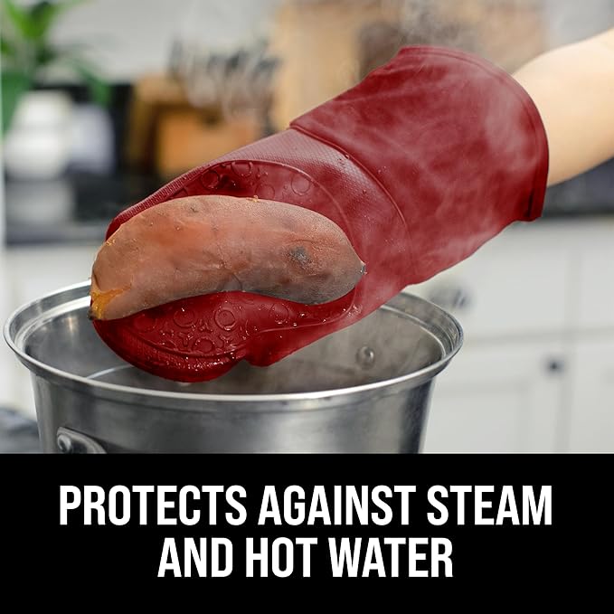 BPA-Free Silicone Oven Mitts Ultra Heat Resistant up to 500°F - Oven Mitts with Thick Cotton Liner - Long Slip Resistant Pot Holders, Flexible Oven Gloves - Empire Red 13.7