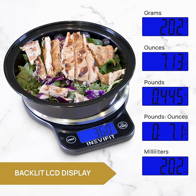 INEVIFIT Digital Kitchen Scale, Highly Accurate Multifunction Food Scale 13 lbs 6kgs Max, Clean Modern Black with Premium Stainless Steel Finish. Includes Batteries