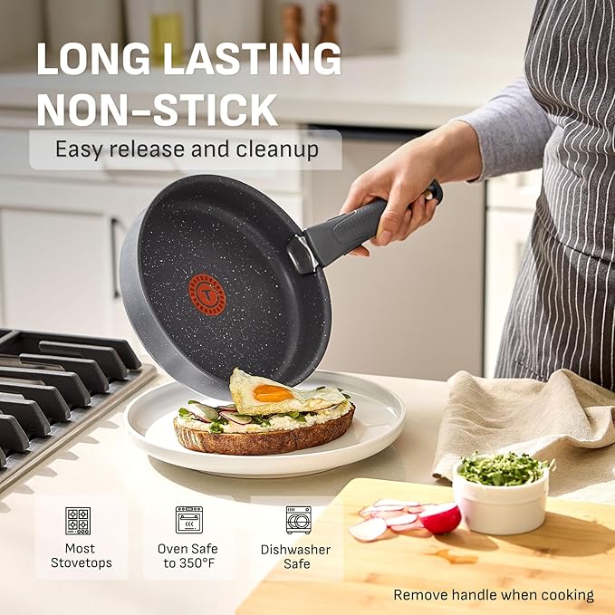 T-fal Ingenio Essentials Cookware Set with Detachable/Removable Handle 11 Piece, Granite Titanium Non Stick, Oven Broiler Safe 500F, Stackable, Pots and Pans Set, Frying Pans, Dishwasher Safe, Gray