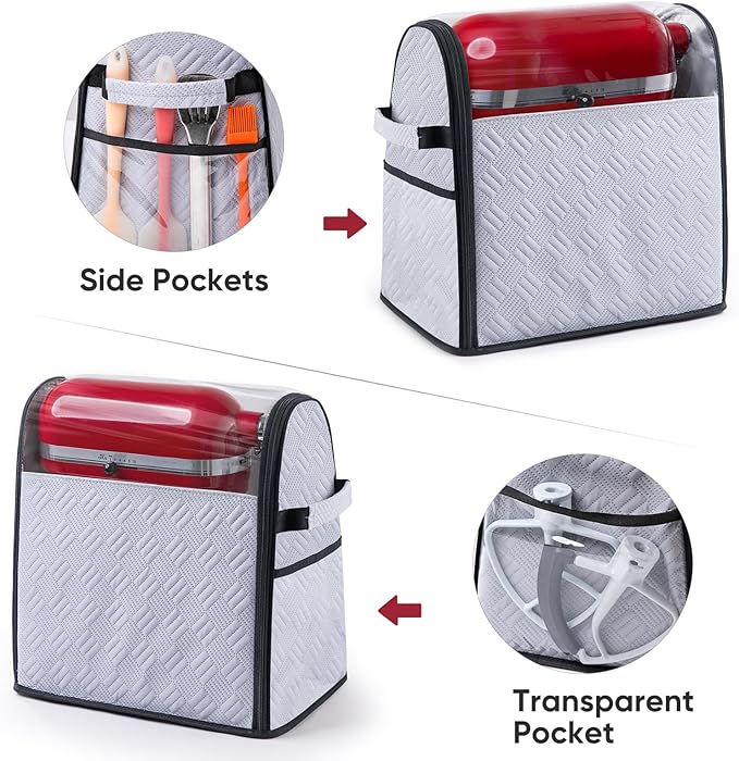 BAGSPRITE Full Open Stand Mixer Cover with Slider Base Compatible with KitchenAid 4.5/5 Qt Bowl-Lift Mixers – Dustproof Quilted Kitchen Aid Mixer Cover with Pockets for Accessories & Attachments