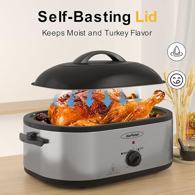 Sunvivi 24lb 20-Quart Roaster Oven, Electric Roaster Oven with Self-Basting Lid, Turkey Roaster with Unique Defrost/Warm Function, Large Roaster with Removable Pan & Rack, Stainless Steel, Silver
