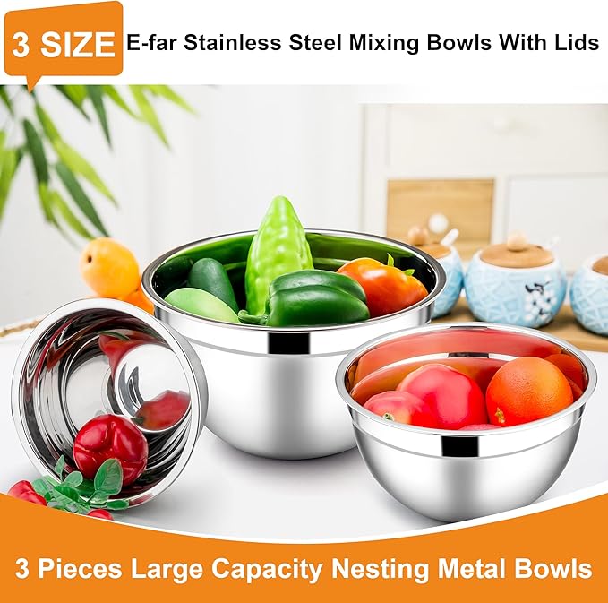 E-far Mixing Bowls with Lids, 6-Piece Stainless Steel Salad Bowls Metal Nesting Bowls for Baking Cooking and Prepping, Airtight Lids & Stackable Design, Size 4.5, 3, 1.5 QT (Colorful)
