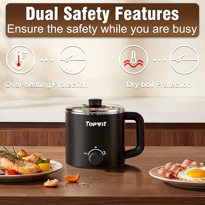 Topwit Hot Pot Electric with Steamer, 1.6L Ramen Cooker, Electric Pot for Pasta, Shabu-Shabu, Oatmeal, Soup and Egg, Portable Cooker with Dual Power Control, Dorm Room Essentials, Black