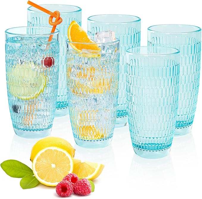 CREATIVELAND Highball Beverage Glasses Set of 6 TURQUOISE Colored Thick & Heavy Base Big Capacity 14.87oz|440ml, Drinking Glass Tumbler for Iced Tea, Water, Soda & Juice and Cocktails etc
