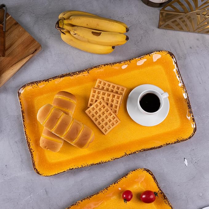 LEHAHA Melamine Farmhouse Rectangular Serving Platter Sets, 17.5" x 10" Large Serving Tray Sets,100% Melamine, Dishwasher Safe, BPA Free, Lightweight and Unbreakable,Gold