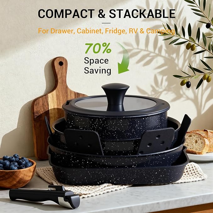 Ammeloo 21 Pcs Pots and Pans Set Non Stick with Detachable Handle & Grill Pan, Induction Ceramic Cookware Set, Non Toxic Kitchen Pots and Pans Set for RVs,Camping, Oven/Dishwasher Safe, Black