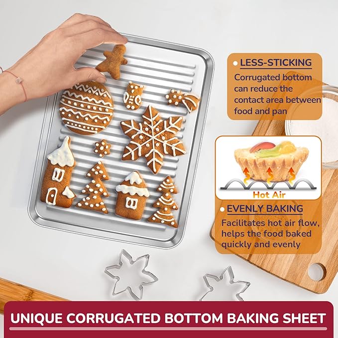 P&P CHEF 9 x 7 x 1 Inch Mini Toaster Oven Pan, Stainless Steel Small Baking Pan Oven Tray for Cooking & Roasting, Corrugated Bottom, Healthy & Sturdy, Dishwasher Safe - 2Pcs