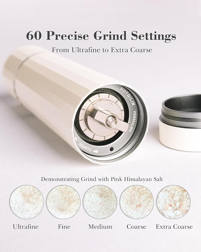 Salt Grinder Refillable Hotqilin – Manual Salt and Pepper Grinder with Titanium Alloy Core, 60+ Adjustable Settings | High Output, Easy to Clean, Durable Aluminum Body