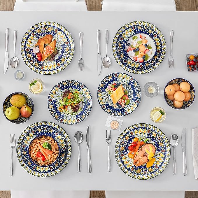 vancasso 12 Pieces Dinnerware Sets, Blue Plates and Bowls Set, Porcelain Dishes Set for 4, Microwave and Dishwasher Safe, Scratch Resistant, Bohemian Style Dining Ware Service for 4, Series SIMI