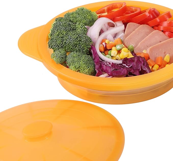 Microwave Steamer Cooker Collapsible Bowl-Silicone Steamer Cookware with Handle Lid for Vegetables Fish Prep Meal Food with Removable Rack BPA Free, Easy to Store, Freezer & Dishwasher Safe, Orange