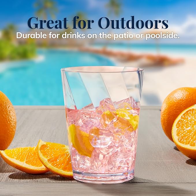 US Acrylic Optix Plastic Reusable Drinking Glasses (Set of 8) 14oz Rocks Cups in Clear | BPA-Free Tumblers, Made in USA | Top-Rack Dishwasher Safe