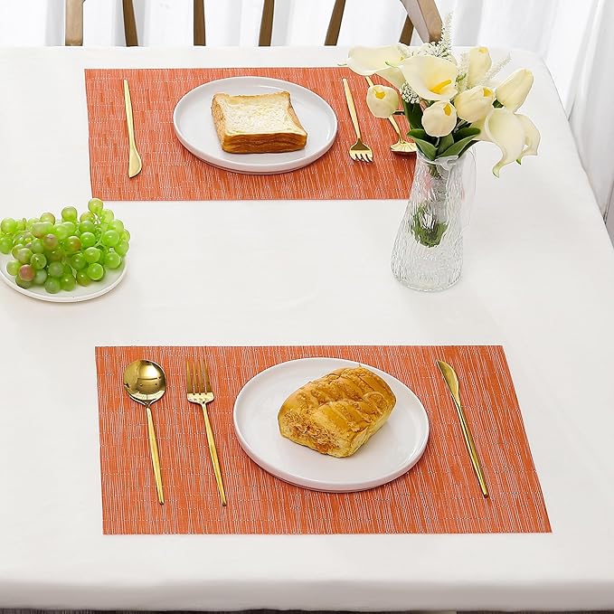 Leetaltree Orange Placemats Set of 8 - Heat Resistant Non-Slip Place mats for Dining Table, Washable Durable PVC Vinyl Woven Table Mats（Orange, 8）