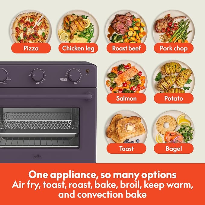 bella Air Fry Toaster Oven, 7 Preset Cooking Options, Dishwasher-Safe EverGood Coated Trays Included, 60-Minute Auto Shutoff w Audible Timer, Power Indicator Light, 1700 Watt, Plum