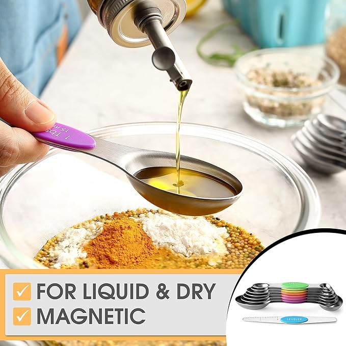 Spring Chef Stainless Steel Magnetic Measuring Spoons Set of 8 with Leveler, Nesting Metal Teaspoon & Tablespoon Measuring Spoons, Kitchen Gadgets for Baking & Cooking, Fits in Most Spice Jars - Neon