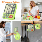 Digital Dual Kitchen Timer, 3 Channels Countdown Triple Timer for Cooking, Magnetic Memory-Preset Large-Display Adjustable Alarm Volume, Multi Times Management, 3A Battery Included, Green