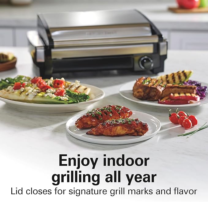 Hamilton Beach Electric Indoor Searing Grill with Adjustable Temperature Control to 450F, 118 sq. in. Surface Serves 6, PFAS-Free Removable Nonstick Grate, Stainless Steel (25360)