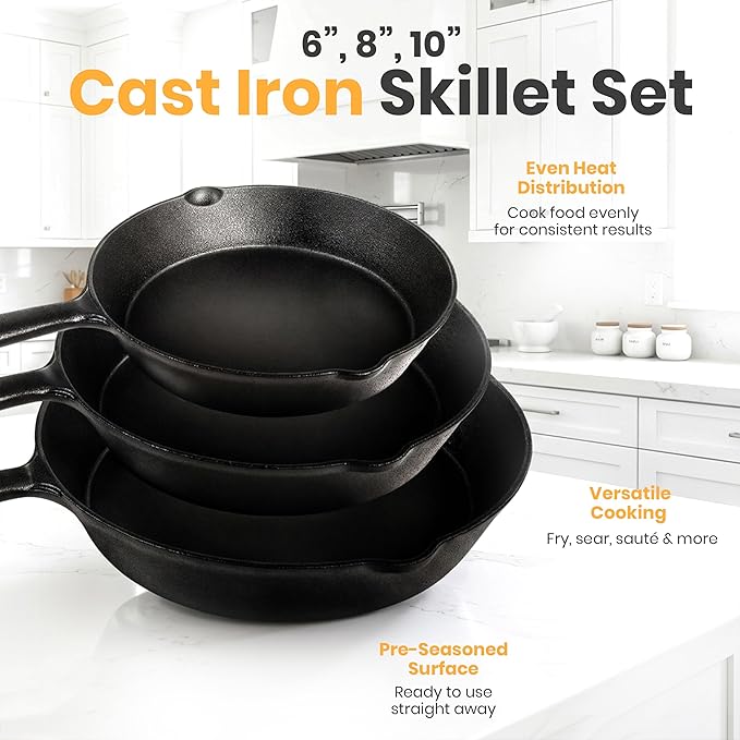 Utopia Kitchen Cast iron Skillets 3 Piece Set, Chefs Pan, Pre Seasoned Cast iron Skillets, 6, 8 & 10 Inches, Easy Use in the Oven, Stove, Grill, or Campfire, Black