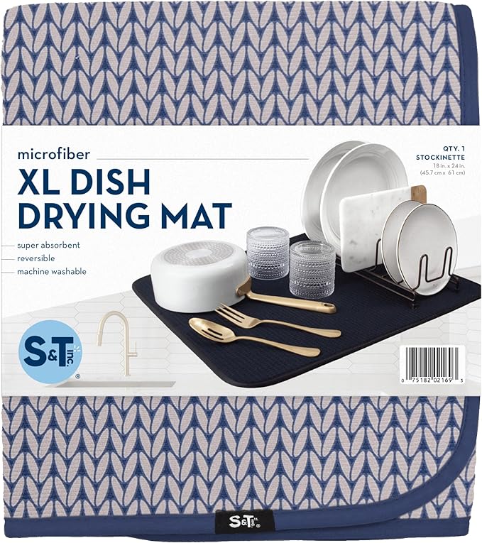 S&T INC. Dish Drying Mat XL, 18” x 24”, Absorbent Microfiber Kitchen Counter Mat, Dish Drying Pad for Dishes, Utensils, Pots and Pans, Extra Large, Blue Stockinette